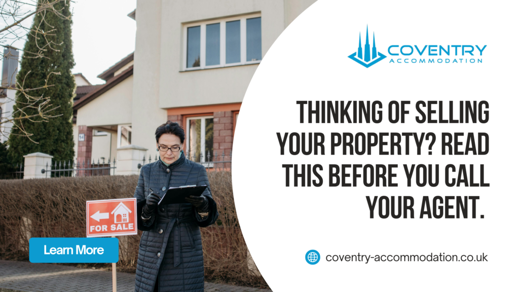 Landlord standing beside a For Sale sign outside a UK residential property, reviewing documents before selling — Coventry Accommodation blog on capital gains tax.